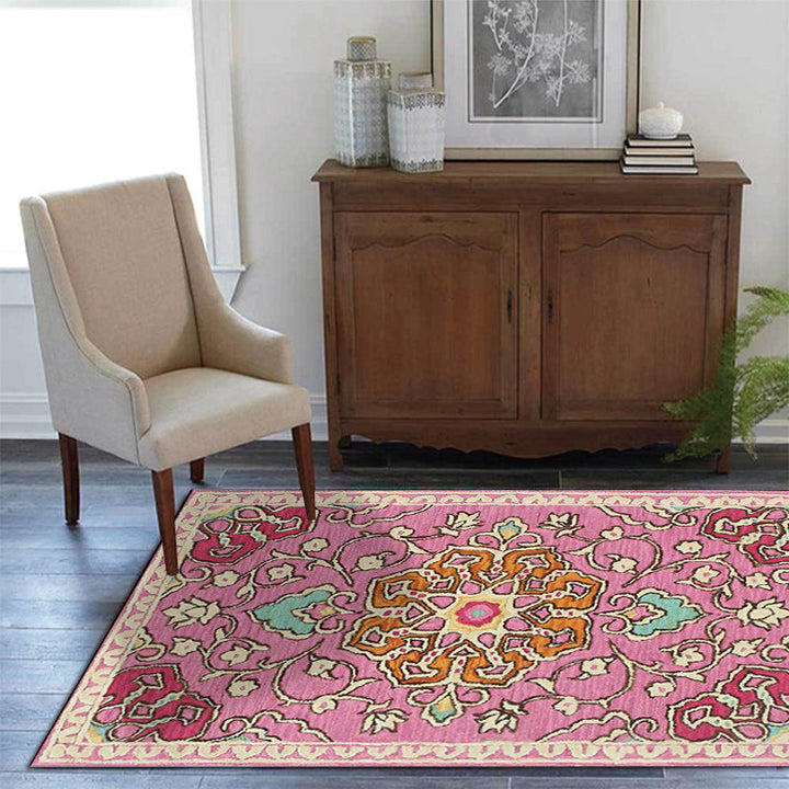 Lisslune | Moroccan living room rug in pink medallion floral pattern rug polyester machine washable non-slip rug