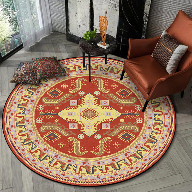 Lisslune | Red Moroccan Carpet Polyester Medallion Print Carpet washable non-slip backing Carpet for Living Room