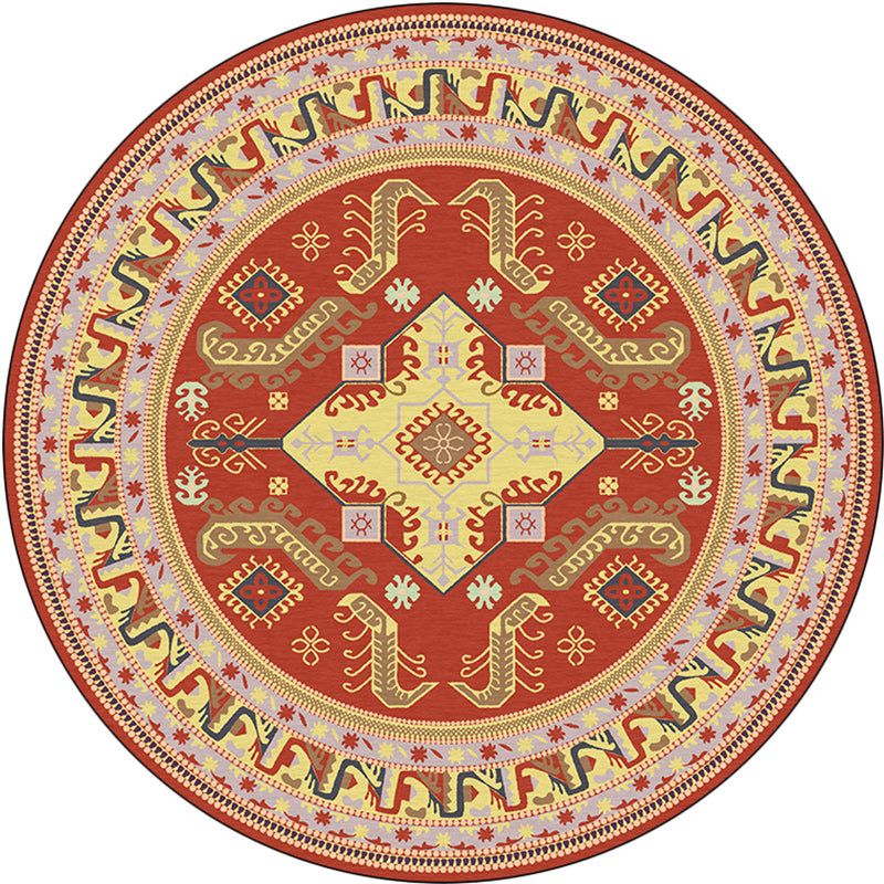 Lisslune | Red Moroccan Carpet Polyester Medallion Print Carpet washable non-slip backing Carpet for Living Room