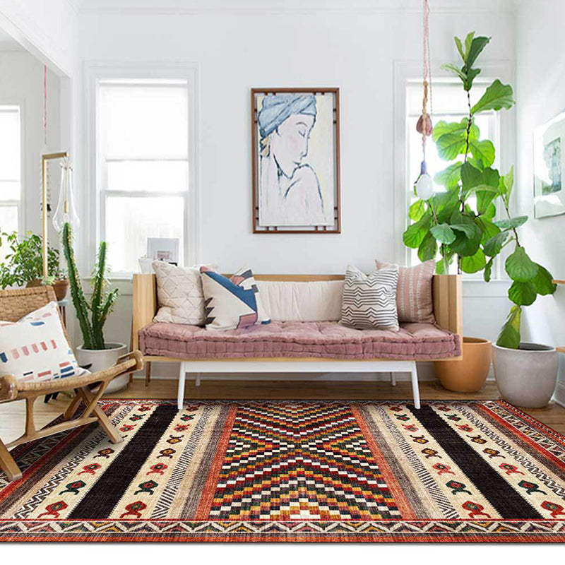 Lisslune | Vintage Tribal Print Rug Red Americana Rug Polyester Machine Washable Non-Slip Back Rug for Bedroom