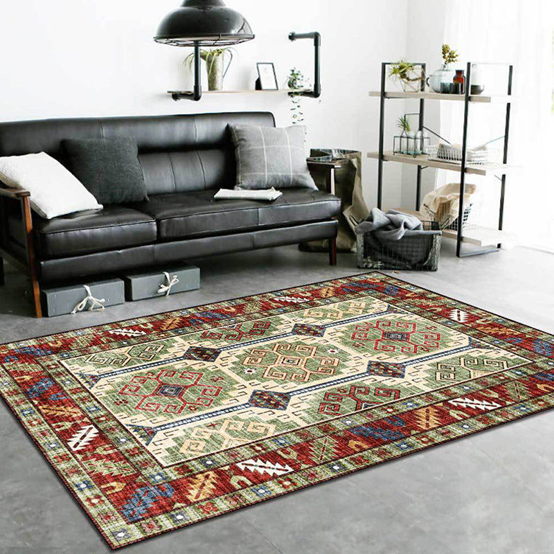 Lisslune | Unique Tribal Pattern Rug Green and Red Southwest Rug Polyester Machine Washable Non-Slip Back Rug for Bedroom