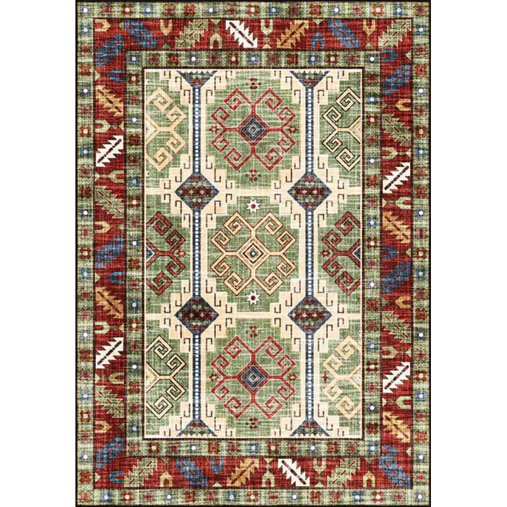 Lisslune | Unique Tribal Pattern Rug Green and Red Southwest Rug Polyester Machine Washable Non-Slip Back Rug for Bedroom