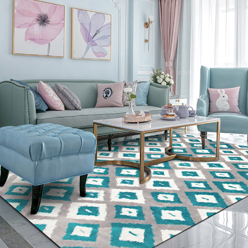 Lisslune | Blue and Gray Bedroom Rug Novelty Geometric Diamond Pattern Area Rug Polyester Pet-Friendly Rug