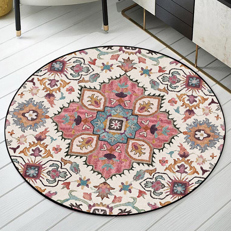 Lisslune | Pink Moroccan Carpet Polyester Medallion Print Carpet washable non-slip carpet for living room