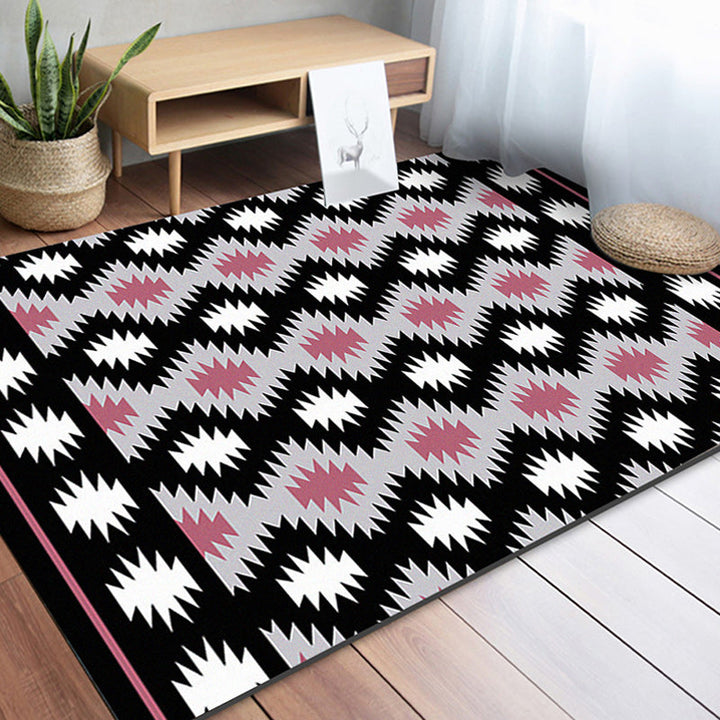 Lisslune | Southwestern Living Room Rug in Black Geometric Print Rug Polyester Stain Resistant Washable Area Rug