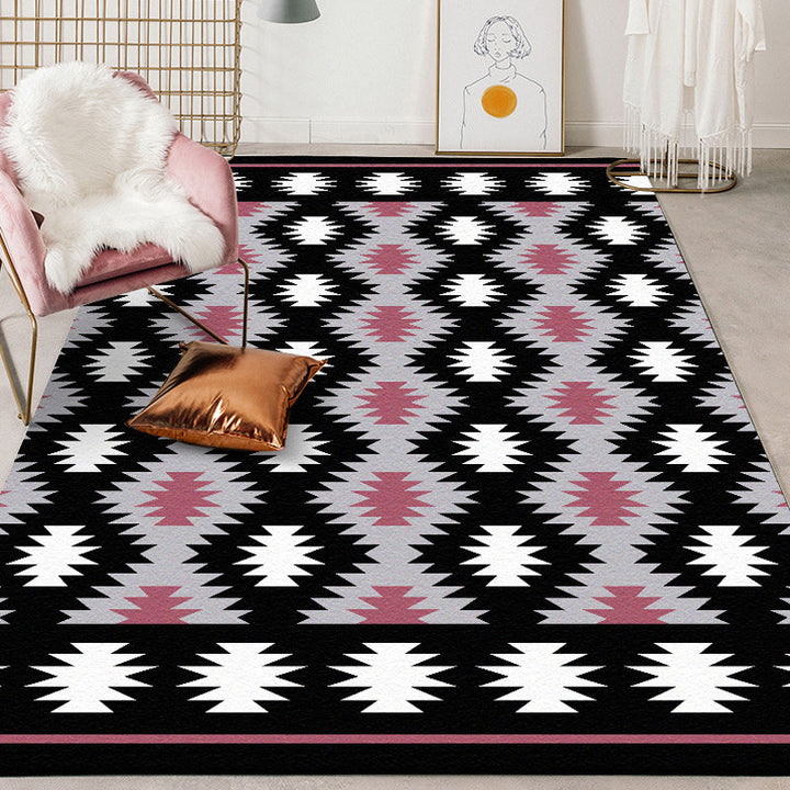 Lisslune | Southwestern Living Room Rug in Black Geometric Print Rug Polyester Stain Resistant Washable Area Rug