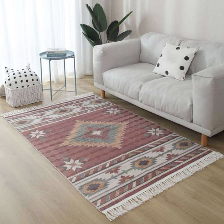 Lisslune | White and red southwestern rug linen tribal geometric pattern rug washable fringed rug for the living room