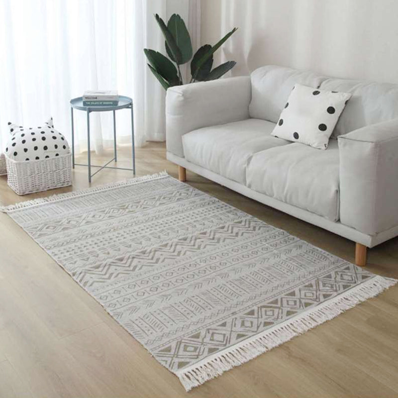 Lisslune | White and red southwestern rug linen tribal geometric pattern rug washable fringed rug for the living room