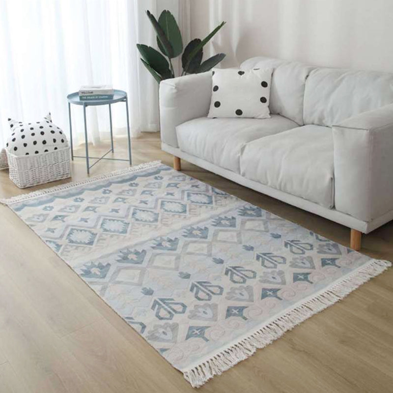 Lisslune | White and red southwestern rug linen tribal geometric pattern rug washable fringed rug for the living room