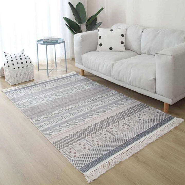 Lisslune | White and red southwestern rug linen tribal geometric pattern rug washable fringed rug for the living room