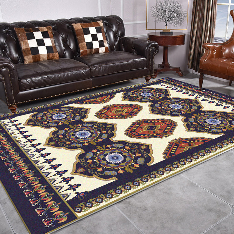 Lisslune | Navy Blue and Beige Americana Rug Polyester Tribal Floral Pattern Rug Washable Non-Slip Back Rug for Living Room