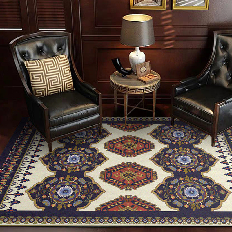 Lisslune | Navy Blue and Beige Americana Rug Polyester Tribal Floral Pattern Rug Washable Non-Slip Back Rug for Living Room