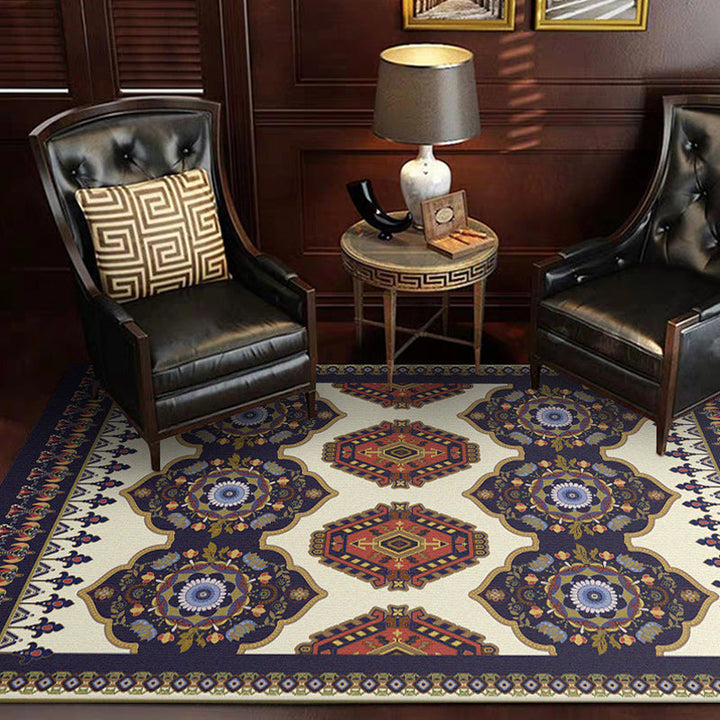Lisslune | Navy Blue and Beige Americana Rug Polyester Tribal Floral Pattern Rug Washable Non-Slip Back Rug for Living Room