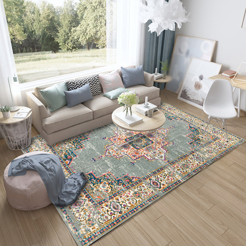 Lisslune | Moroccan living room rug in green medallion floral pattern rug polyester non-slip backing rug