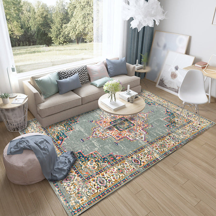 Lisslune | Moroccan living room rug in green medallion floral pattern rug polyester non-slip backing rug