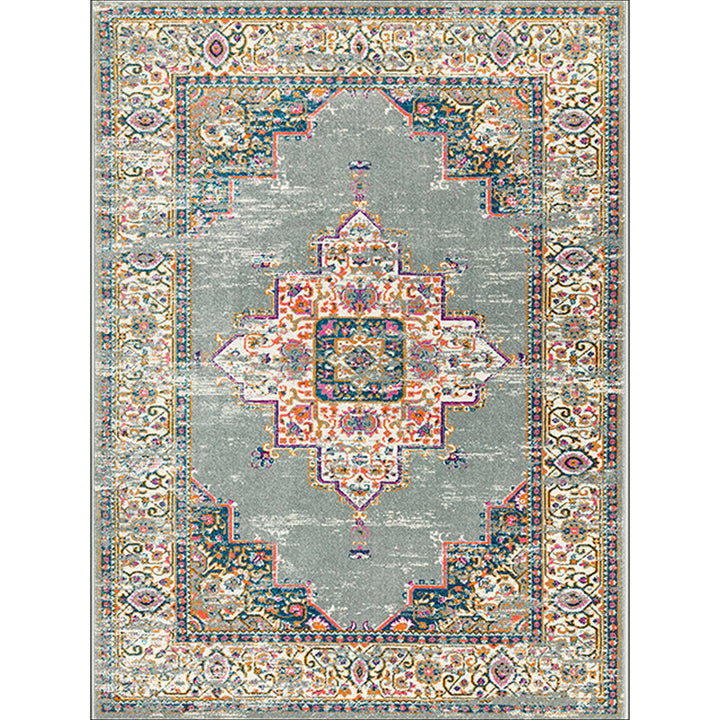 Lisslune | Moroccan living room rug in green medallion floral pattern rug polyester non-slip backing rug