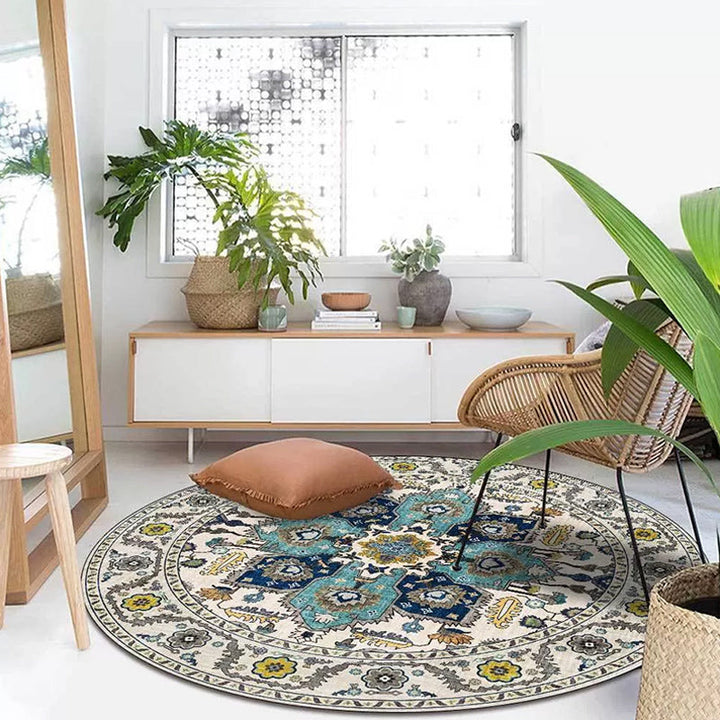 Lisslune | Classic medallion pattern rug with floral blue and red tribal rug made of washable polyester non-slip backing rug for the living room