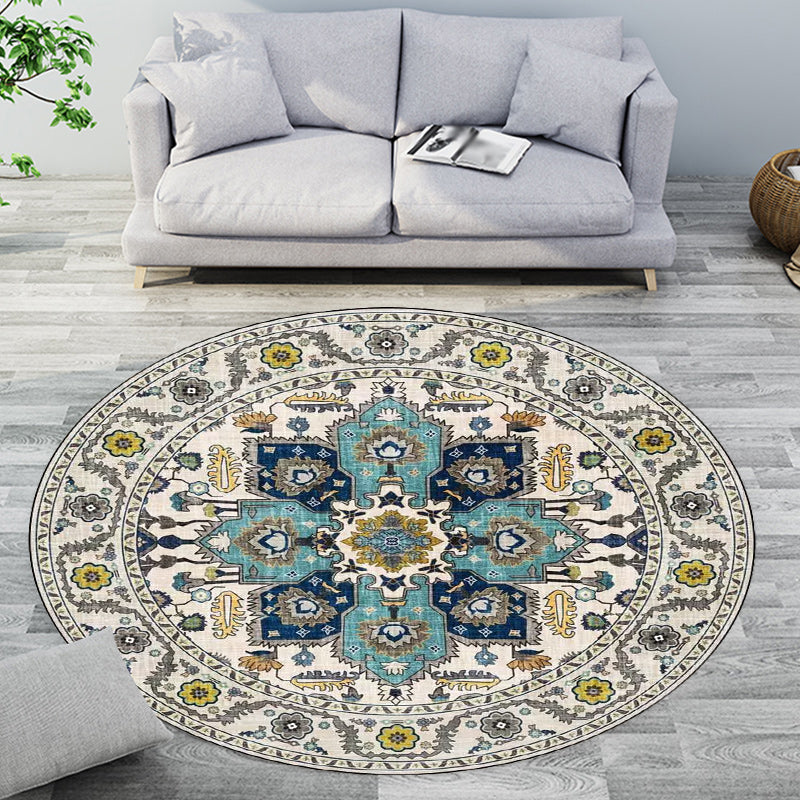 Lisslune | Classic medallion pattern rug with floral blue and red tribal rug made of washable polyester non-slip backing rug for the living room