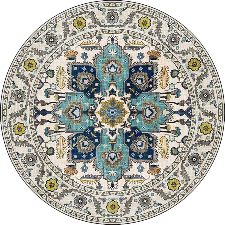 Lisslune | Classic medallion pattern rug with floral blue and red tribal rug made of washable polyester non-slip backing rug for the living room
