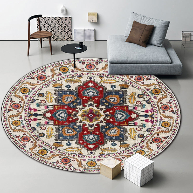 Lisslune | Classic medallion pattern rug with floral blue and red tribal rug made of washable polyester non-slip backing rug for the living room