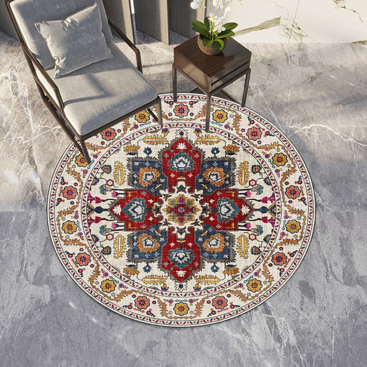 Lisslune | Classic medallion pattern rug with floral blue and red tribal rug made of washable polyester non-slip backing rug for the living room