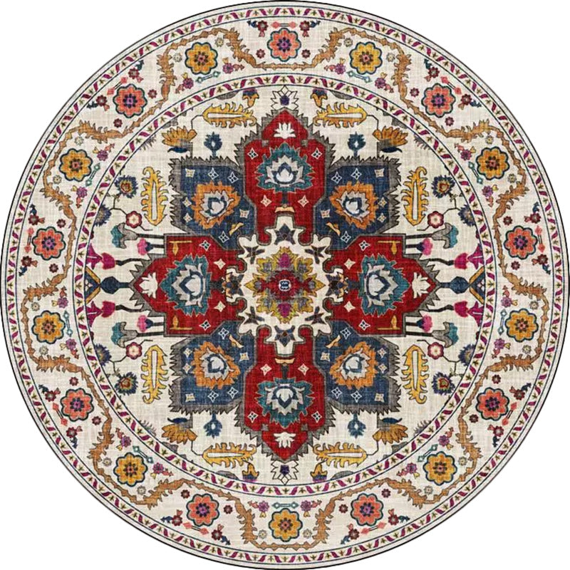 Lisslune | Classic medallion pattern rug with floral blue and red tribal rug made of washable polyester non-slip backing rug for the living room
