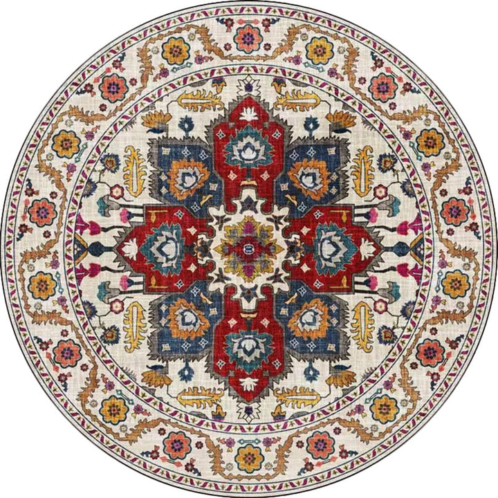 Lisslune | Classic medallion pattern rug with floral blue and red tribal rug made of washable polyester non-slip backing rug for the living room