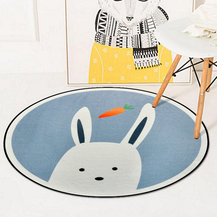 Lisslune | Blue and Ivory Children's Room Carpet Child Animals Rabbit Owl Elephant Penguin Pattern Area Rug Polyester Washable Carpet