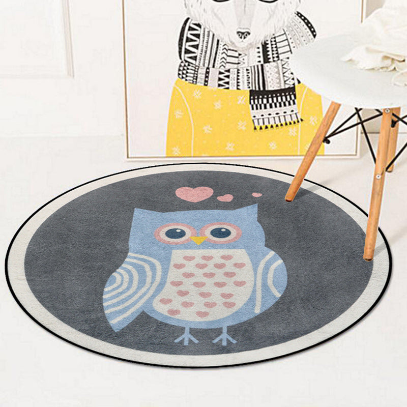 Lisslune | Blue and Ivory Children's Room Carpet Child Animals Rabbit Owl Elephant Penguin Pattern Area Rug Polyester Washable Carpet