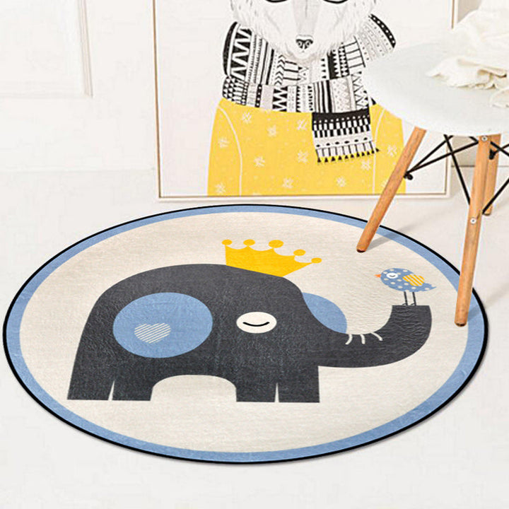 Lisslune | Blue and Ivory Children's Room Carpet Child Animals Rabbit Owl Elephant Penguin Pattern Area Rug Polyester Washable Carpet