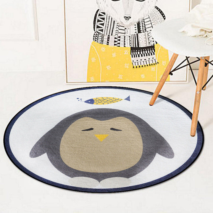 Lisslune | Blue and Ivory Children's Room Carpet Child Animals Rabbit Owl Elephant Penguin Pattern Area Rug Polyester Washable Carpet