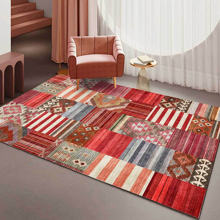 Lisslune | American Tribal Striped Pattern Carpet Red Polyester Carpet Machine Washable Non-Slip Back Living Room Carpet for Bedroom
