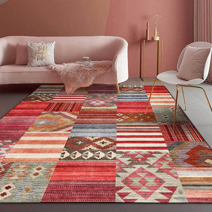 Lisslune | American Tribal Striped Pattern Carpet Red Polyester Carpet Machine Washable Non-Slip Back Living Room Carpet for Bedroom