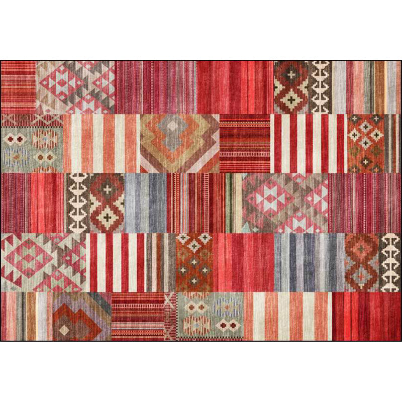 Lisslune | American Tribal Striped Pattern Carpet Red Polyester Carpet Machine Washable Non-Slip Back Living Room Carpet for Bedroom