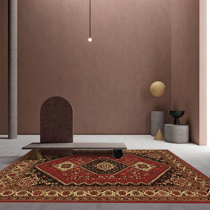 Lisslune | Red and Brown Bedroom Rug Moroccan Medallion Floral Pattern Area Rug Polyester Stain Resistant Rug