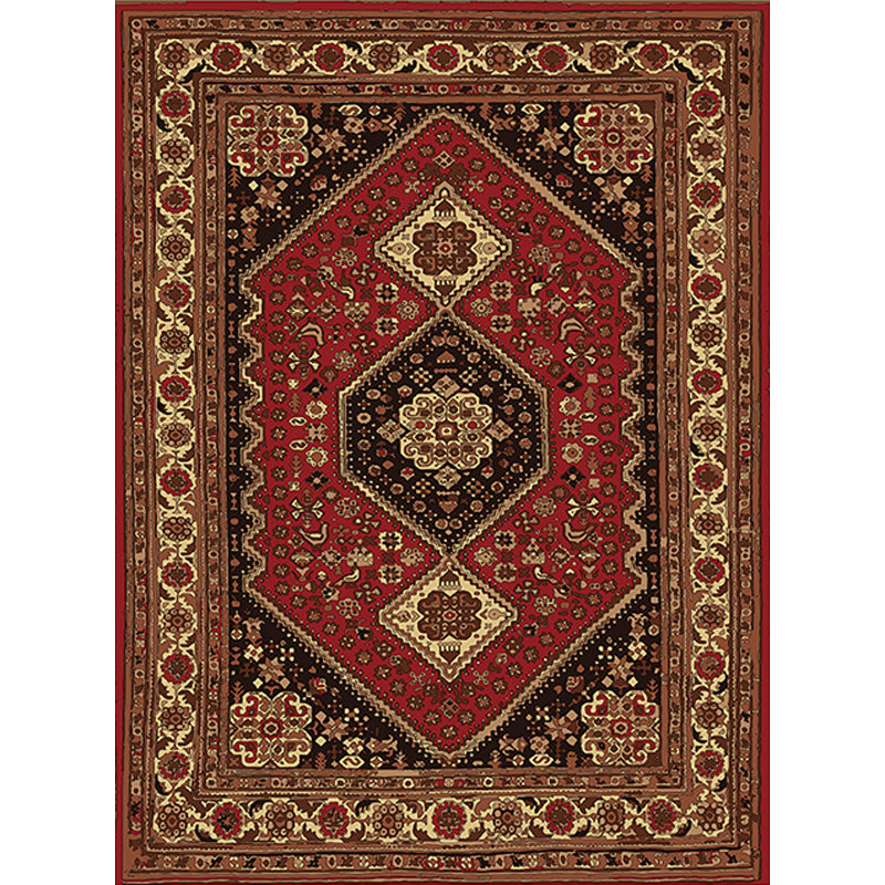 Lisslune | Red and Brown Bedroom Rug Moroccan Medallion Floral Pattern Area Rug Polyester Stain Resistant Rug
