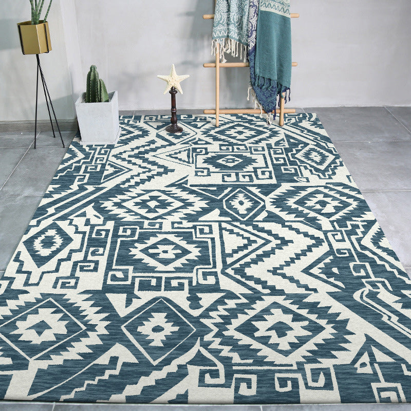 Lisslune | Tribal Southwest rug in blue and white geometric pattern rug polyester pet-friendly rug for home decoration