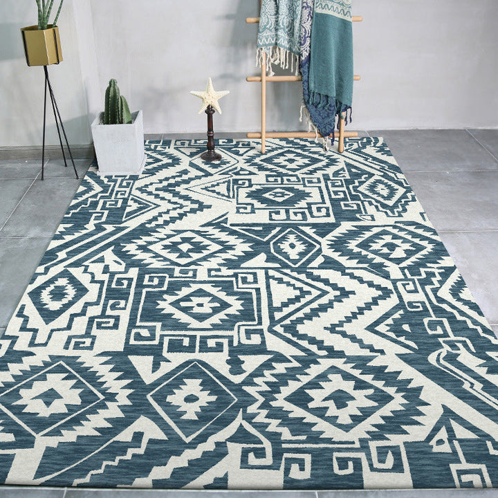 Lisslune | Tribal Southwest rug in blue and white geometric pattern rug polyester pet-friendly rug for home decoration