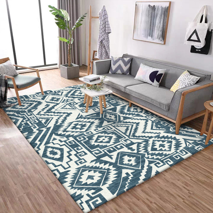 Lisslune | Tribal Southwest rug in blue and white geometric pattern rug polyester pet-friendly rug for home decoration