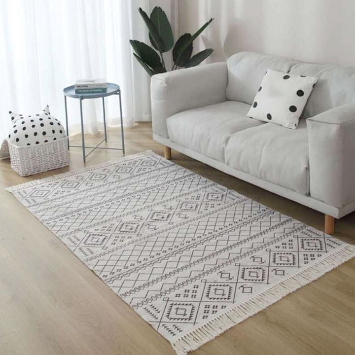 Lisslune | Americana Tribal Pattern Rug Black and White Linen Rug Machine Washable Fringe Area Rug for Bedroom