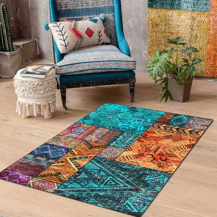 Lisslune | Traditional Tribal Pattern Carpet Blue and Orange Southeast Carpet Polyester Machine Washable Non-Slip Back Carpet for Bedroom