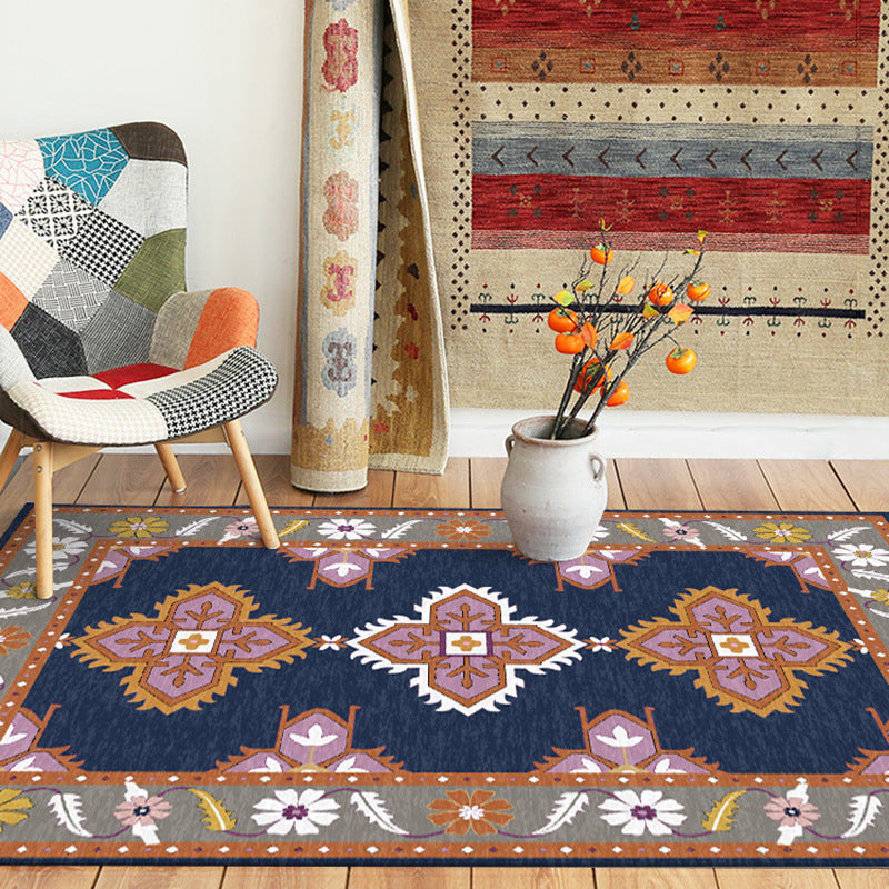 Lisslune | Eastern Moroccan rug in blue and gray medallion flower petal pattern rug polyester non-slip rug for home decor