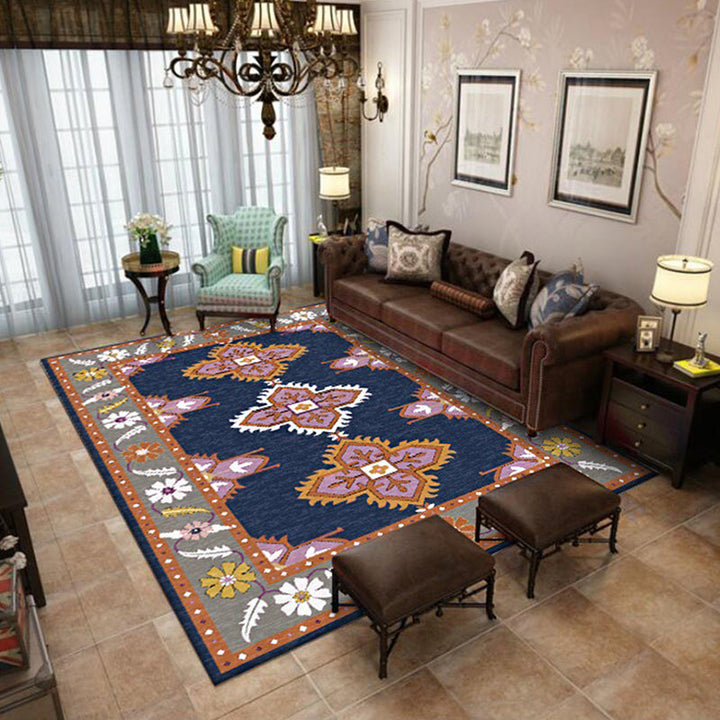 Lisslune | Eastern Moroccan rug in blue and gray medallion flower petal pattern rug polyester non-slip rug for home decor