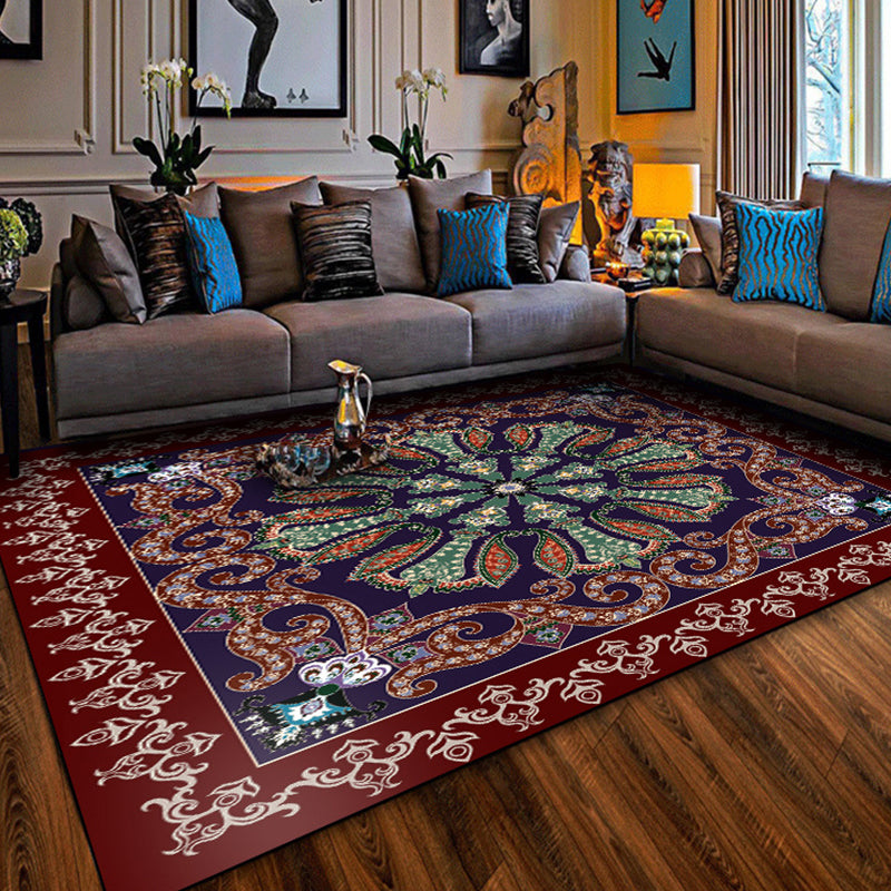 Lisslune | Moroccan Living Room Rug in Red and Blue Medallion Pattern Floral Print Rug Polyester Non-Slip Flooring