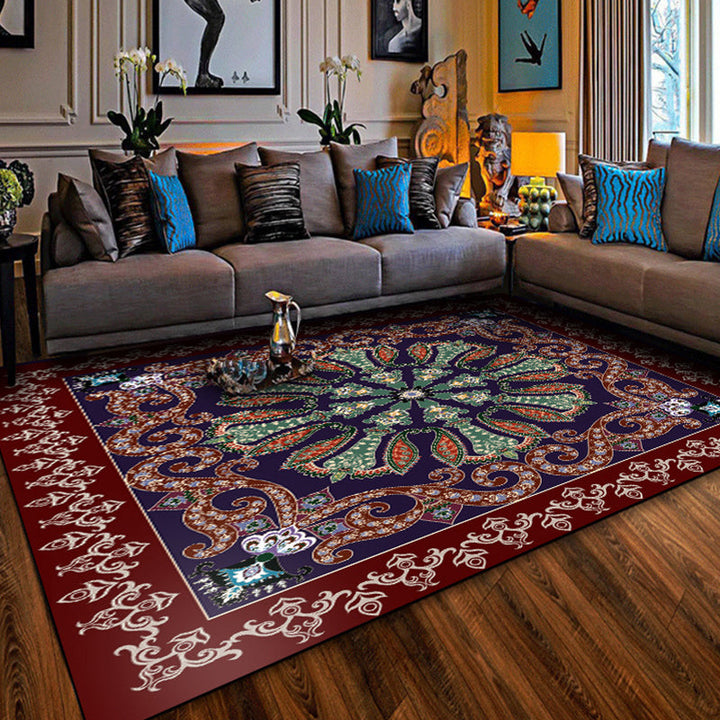 Lisslune | Moroccan Living Room Rug in Red and Blue Medallion Pattern Floral Print Rug Polyester Non-Slip Flooring