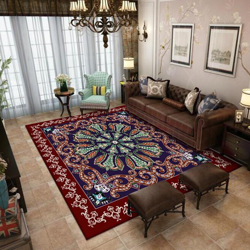 Lisslune | Moroccan Living Room Rug in Red and Blue Medallion Pattern Floral Print Rug Polyester Non-Slip Flooring