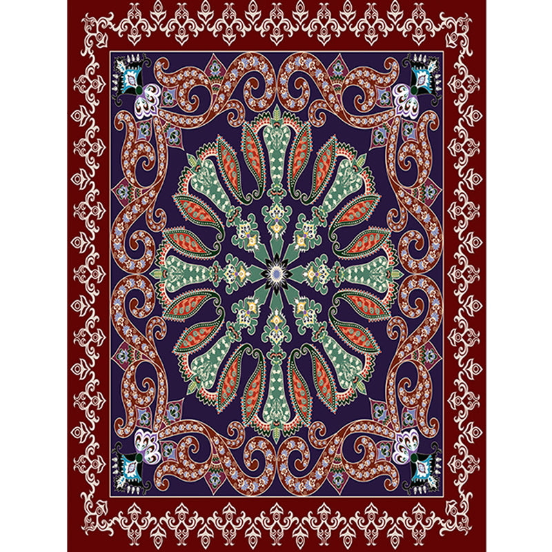 Lisslune | Moroccan Living Room Rug in Red and Blue Medallion Pattern Floral Print Rug Polyester Non-Slip Flooring