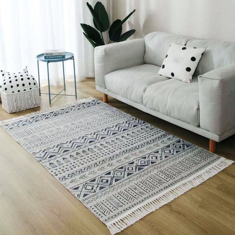 Lisslune | Gray and blue southwestern carpet linen tribal and geometric pattern carpet washable fringe back for the living room