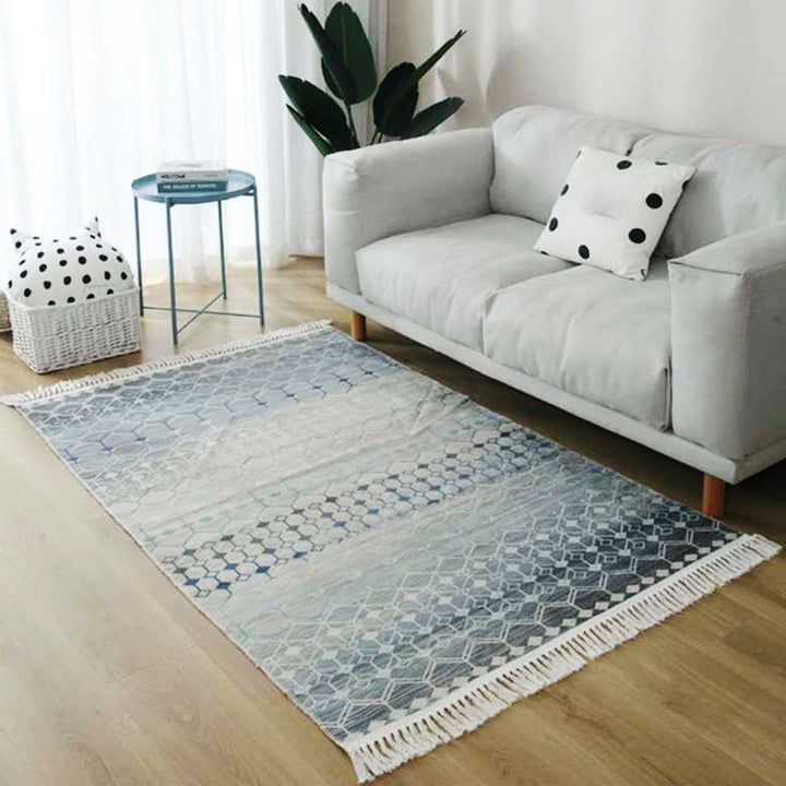 Lisslune | Gray and blue southwestern carpet linen tribal and geometric pattern carpet washable fringe back for the living room