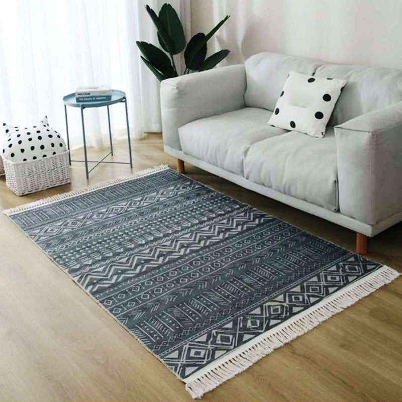 Lisslune | Gray and blue southwestern carpet linen tribal and geometric pattern carpet washable fringe back for the living room